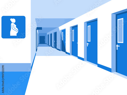 Clean, modern maternity wing hallway with blue doors. A maternity symbol sign indicates the area. Bright, minimalist design for healthcare visuals.