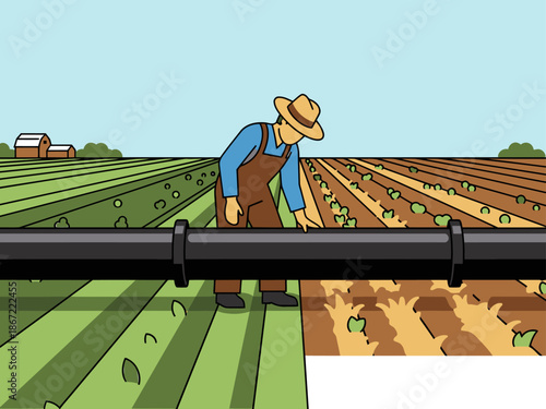 A farmer inspects an irrigation pipe in a vibrant agricultural field. Clear composition, showcasing rural life and efficient farming practices. Suitable for commercial use.