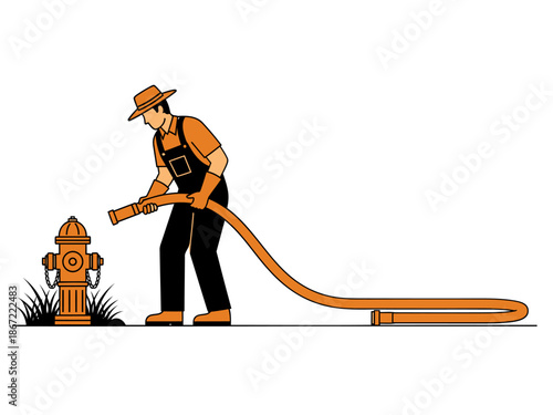 A farmer uses a water hose to irrigate crops. A classic, detailed illustration evokes rural life and agricultural work. Suitable for various commercial uses.
