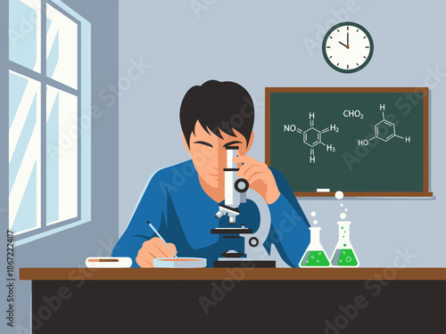 A focused student examines a chemical structure under a microscope in a science classroom. Bright colors and clear composition create a visually appealing educational image.