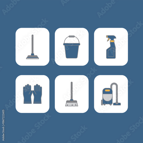 Professional house cleaning supplies and janitorial equipment set including blue mop bucket spray bottle rubber gloves broom and vacuum cleaner icons for housekeeping and sanitation services