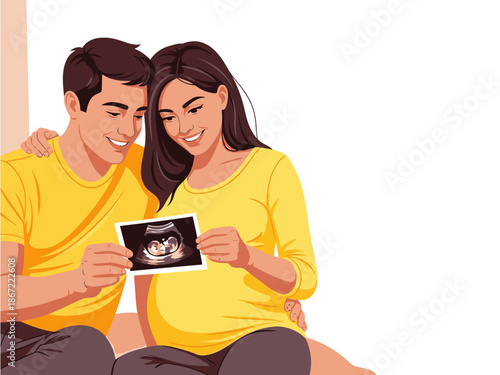 A happy couple lovingly examines an ultrasound photo, celebrating their pregnancy. Warm colors and a joyful expression convey a beautiful moment. Ideal for family, love, and parenting themes.