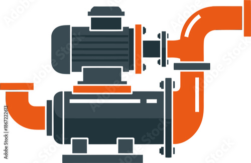 Industrial water pump illustration for agricultural applications. Clean, modern design with orange and gray tones. Ideal for business and technology visuals.