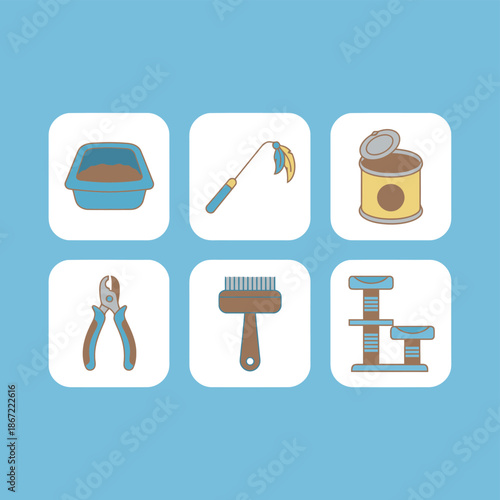 Domestic cat pet care and accessories set containing blue litter box feather toy wand canned cat food nail clippers grooming brush and multi level cat tree tower icons