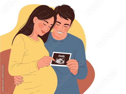 A loving couple excitedly views an ultrasound photo, sharing a tender moment. Warm colors and a soft style create a heartwarming visual.