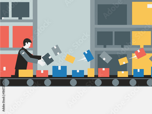 A man sorts packages on a conveyor belt in a warehouse.  Clean, modern illustration with bold colors and a focus on efficiency.  Great for business and logistics themes.