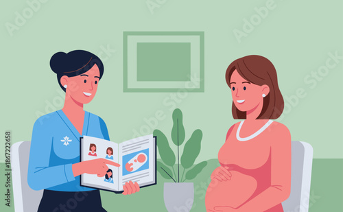 A midwife guides a pregnant woman through prenatal education, reviewing a booklet with baby photos. Warm, supportive scene. Ideal for healthcare and parenting visuals.