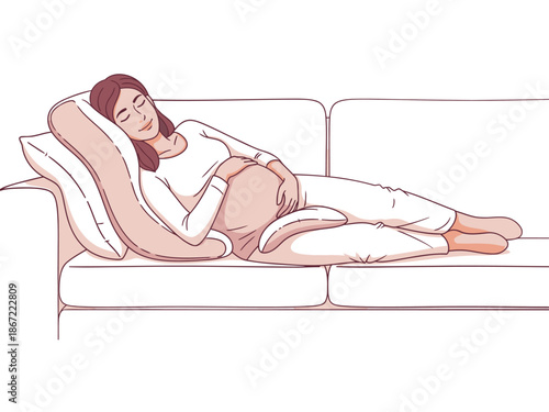 A pregnant woman relaxes on a sofa, supported by pillows, enjoying a comfortable rest. Soft, serene, and inviting lifestyle imagery.