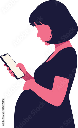 A pregnant woman uses a pregnancy app on her phone, showcasing digital wellness. Soft colors and a modern aesthetic create a calming visual.
