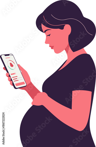 A pregnant woman uses a pregnancy app on her smartphone, showcasing digital prenatal tracking. Soft, modern illustration style. Ideal for health & wellness marketing.