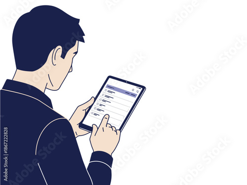 A professional man reviews an inventory tablet outdoors. Modern illustration style, clean design, focused on efficiency and business management. Bright, vibrant colors.