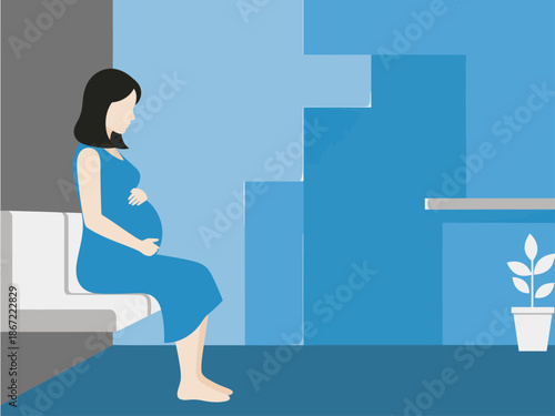 Pregnant woman waits in a clinic waiting room. Soft blue tones and minimalist design create a calming visual. Suitable for healthcare and pregnancy themes.