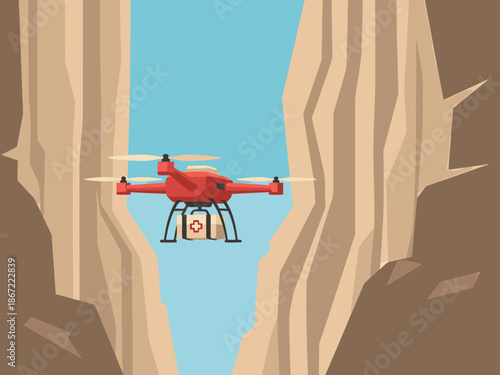 A rescue drone delivers medical supplies across a dramatic canyon. Modern, vibrant, and ideal for healthcare or technology visuals.