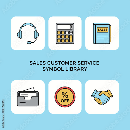 Sales and customer service symbol library featuring call center headset calculator sales manual document wallet discount percentage tag and business handshake icons for commercial operations