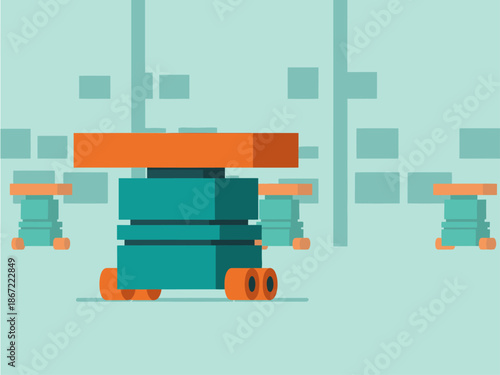 Robotic warehouse technology in action. Modern, stylized illustration showcases automated robots moving boxes within a clean, bright warehouse setting.  Great for tech and logistics visuals.