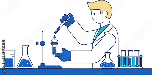 A researcher carefully uses a pipette in a lab setting. Clean lines, bright colors, and a professional composition make this image ideal for science or education visuals.