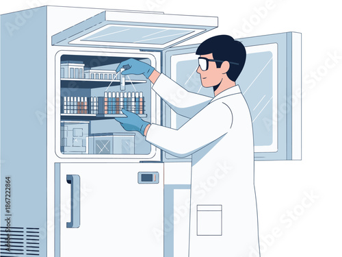 A scientist carefully examines samples in a cryogenic storage unit. Focused, professional, and modern laboratory setting. Clear composition, ideal for science and research visuals.