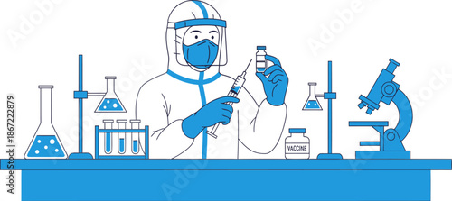 A scientist in protective gear conducts vaccine research in a modern laboratory. Focused composition, vibrant colors, and clear details for commercial use.
