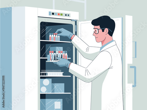 A scientist carefully manages cryogenic samples in a modern lab freezer. Focused and professional, he utilizes protective gloves. Clean, bright, and detailed.