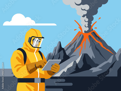A scientist monitors a volcanic eruption, analyzing data with a tablet. Dramatic landscape, vibrant colors, and a professional setting. Ideal for science, nature, and technology themes.