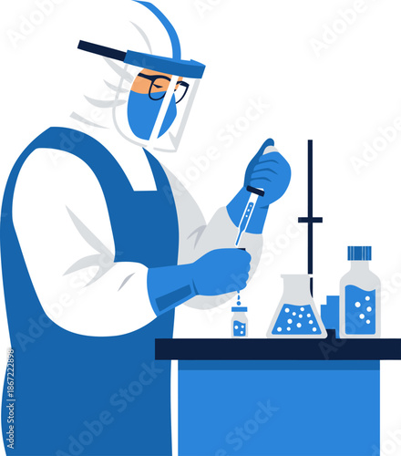 Scientist researches vaccine in lab. Protective gear, beakers, and equipment highlight scientific work. Modern, clean design.