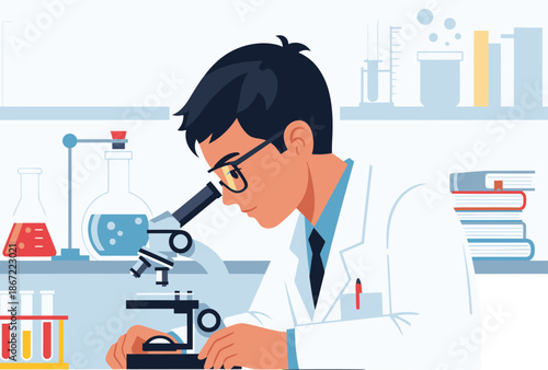 A young student intently examines a sample under a microscope in a science lab. Bright, educational illustration. Perfect for science education materials.