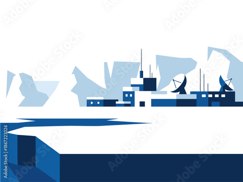 stylized arctic base scene with a research station amidst a snowy landscape Modern architecture and scientific equipment create a visually striking composition