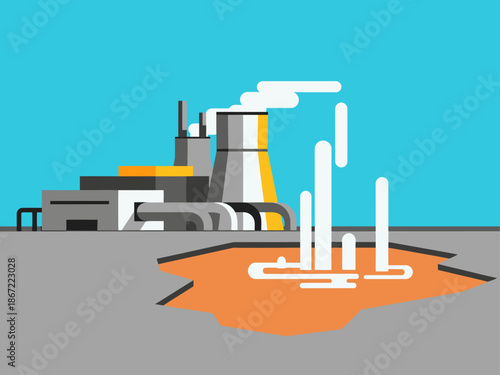 stylized geothermal plant scene showcases a power plant extracting energy from a bubbling geothermal pool Modern clean design with a vibrant blue backdrop Ideal for energy and sustainability visuals