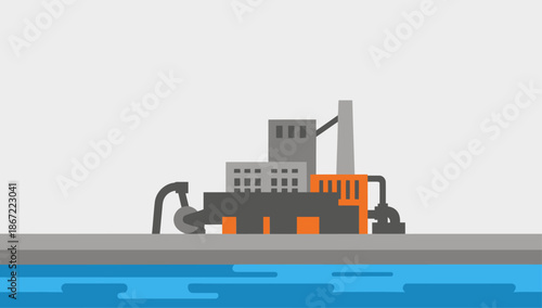 stylized illustration depicts a water pump station landscape A modern building houses a pump connected to a body of water Clean lines and a flat design