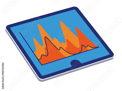 Tablet displays volcano data visualization. A vibrant blue tablet showcases a dynamic orange heat map, symbolizing volcano monitoring. Modern, digital, and informative.