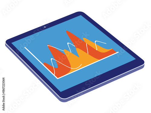 Tablet displays volcano data monitoring. A vibrant digital graph overlays a tablet, showcasing dynamic activity. Modern, professional, and visually engaging.