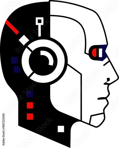 A stylized robot head illustration combines human and machine elements. Bold black and white design with technological accents. Modern, graphic, and visually striking.