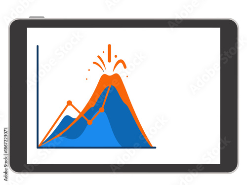 Tablet displays volcano monitoring data with a rising graph. A vibrant graphic showcases geological activity. Modern, digital, and informative.