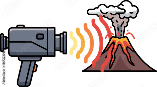 A thermal camera scans a volcanic eruption, showcasing heat signatures. A futuristic device captures the dramatic scene.  Ideal for science, geology, and adventure visuals.