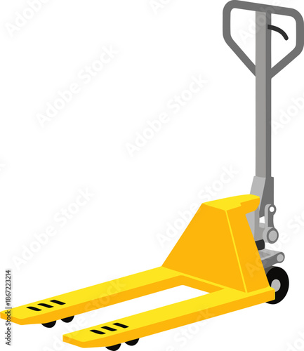 A vibrant yellow pallet jack stands ready for warehouse operations. Clean, modern illustration for commercial use. Focus on functionality and bright colors.