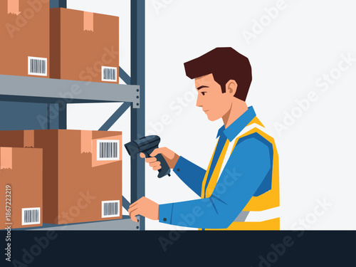 A worker scans barcodes in a warehouse, utilizing a handheld scanner. Clear, modern illustration showcasing inventory management. Professional, bright, and focused.