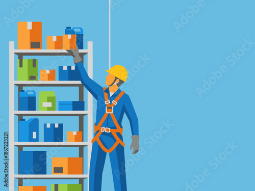 A worker safely retrieves items from a high shelf using a safety harness.  Clear, bright illustration showcasing workplace safety. Professional, modern design.