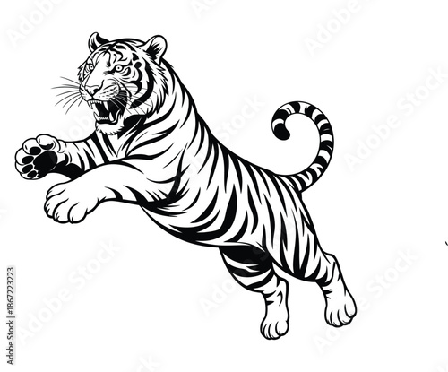 Dynamic black and white vector illustration of a powerful tiger in mid leap, showcasing strength bold stripes wild energy, fierce animal mascot design for branding logo posterator Artwork