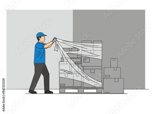 A worker secures a pallet with wrapping, showcasing efficient packaging in a warehouse setting. Clear, professional illustration.