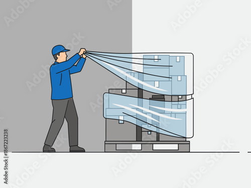 A worker secures pallet packaging with plastic wrap, demonstrating careful handling. Clear, professional illustration for logistics and shipping visuals.