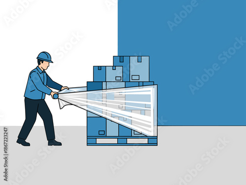 A worker wraps a pallet with plastic sheeting. Clear, focused image showcasing packaging and labor. Professional, blue tones.