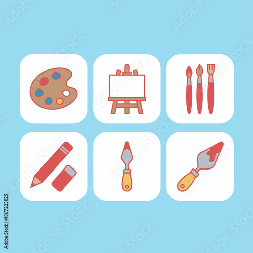 Artistic painting and drawing tool set featuring wooden palette easel with canvas paint brushes lead pencil with eraser and various painting palette knives icons