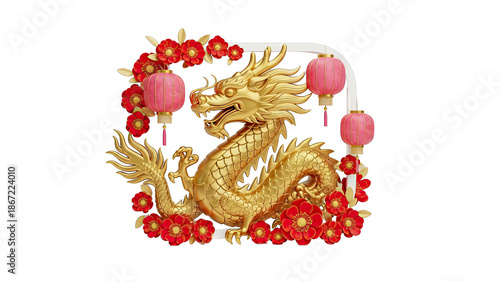 Golden Dragon with Red Flowers and Lanterns
