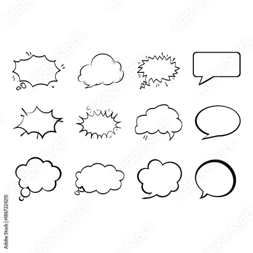 Collection of hand drawn comic speech bubbles and thought clouds in various shapes including jagged explosive round and rectangular outlines for graphic design projects