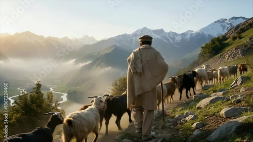 A lone shepherd walks ahead as a small herd of goats follows him across a vast mountain valley landscape.