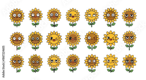 Collection of cute cartoon sunflowers with various emotions
