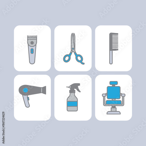 Professional barber shop and hair styling equipment set including electric hair clipper scissors hair comb hair dryer water spray bottle and salon chair icons