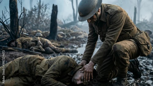 A brave soldier urgently gives first aid to an injured comrade on the battlefield, highlighting courage, compassion, and brotherhood amid war.