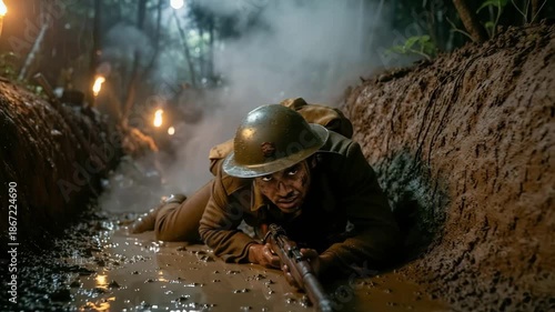 A determined soldier crawls through a muddy trench amid intense battle, showing grit and survival under fire.