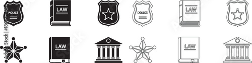 Set of Law and Justice Vector Icons including Police Badge, Law Book, Sheriff Star, and Courthouse Building isolated PNG with Transparent Background